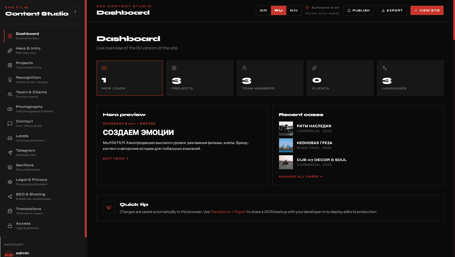 Dashboard админки KSA Content Studio
