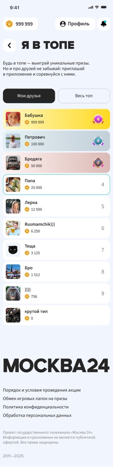 Рейтинг пользователей в мини-приложении Москва 24